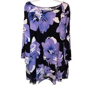 Susan Graver Liquid Knit 3X Floral Tunic Top Purple Black Chiffon Back Overlay